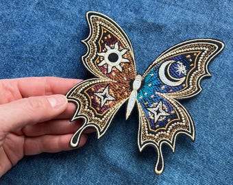 Celestial Moth Iron On Patch: Embroidered Cosmic Butterfly Badge