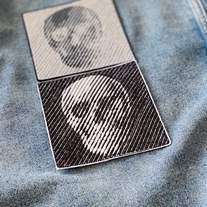 Skull iron on patch, halloween patch, Goth biker skull fusible badge, Monochrome skeleton applique Embroidered skull