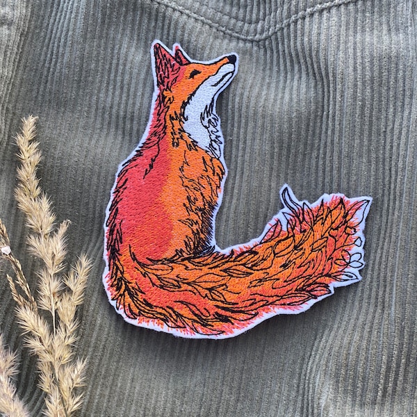 Autumnal fox with flowers iron on patch. Embroidered  dreamy woodland sew on patch, boho patch