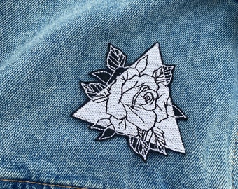 Rose iron on patch, Flower in a triangle badge, Geometric figure applique, Black and white monochrome decal