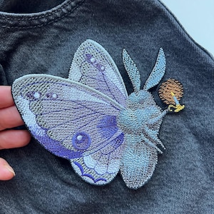 Purple Moth Embroidered Iron-On Patch, Butterfly Applique for Jackets and Bags