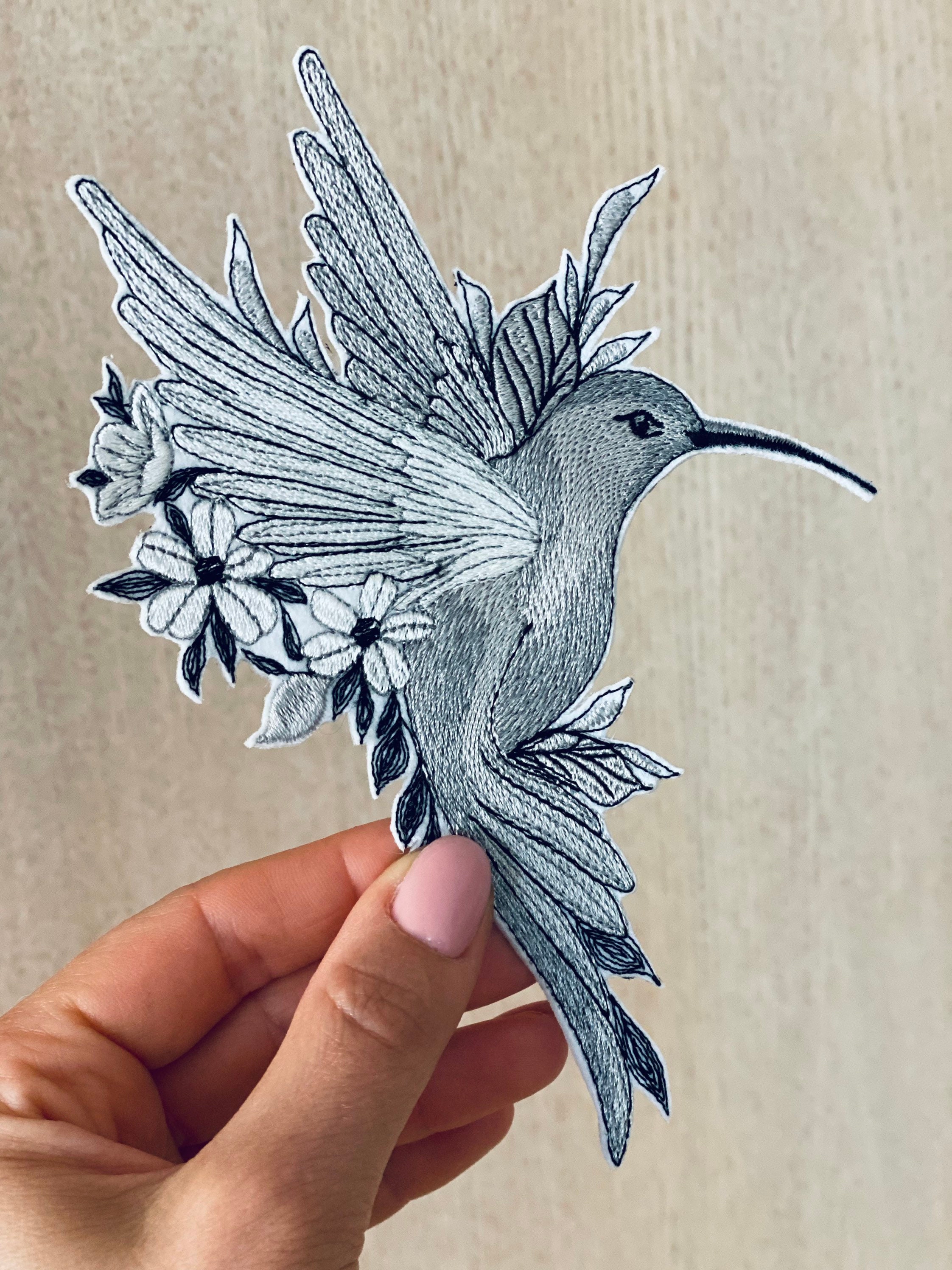 Monochrome Hummingbird With Flowers Sew On, Full Embroidered  display picture 3