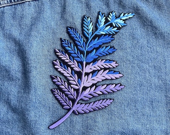 Embroidered iron on fern leaf patch, Flower applique, Clothing embellishment