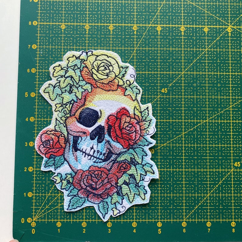 Embroidered roses and rainbows skull patch, Skull with plants iron on badge, Embroidered flowers applique, image 8