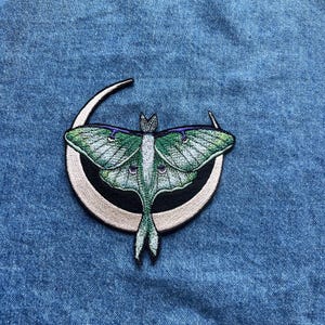 Embroidered iron on luna moth patch, Crescent moon badge, Celestial cosmic applique, Clothing embellishment