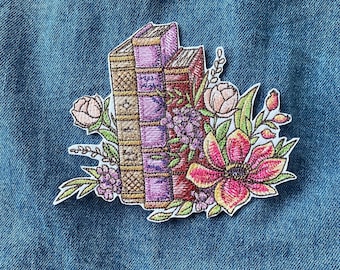 Floral Books Iron On Patch: Embroidered Book Lover Applique