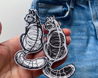 Cute cat embroidered patch, Cool cat Monochrome animal badge, Modern minimal sew on decal, Pencil sketches iron on applique