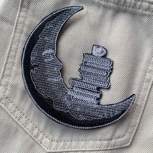 Moon embroidered patch, Iron on books and tea applique, Denim, jacket, backpack decor