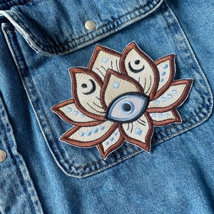 Evil eye lotus flower patch, Art applique, Clothing embellishment, patch iron on geometric