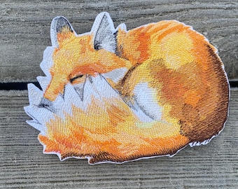 Embroidered sleeping fox iron on patch, Woodland sustainable clothing decor