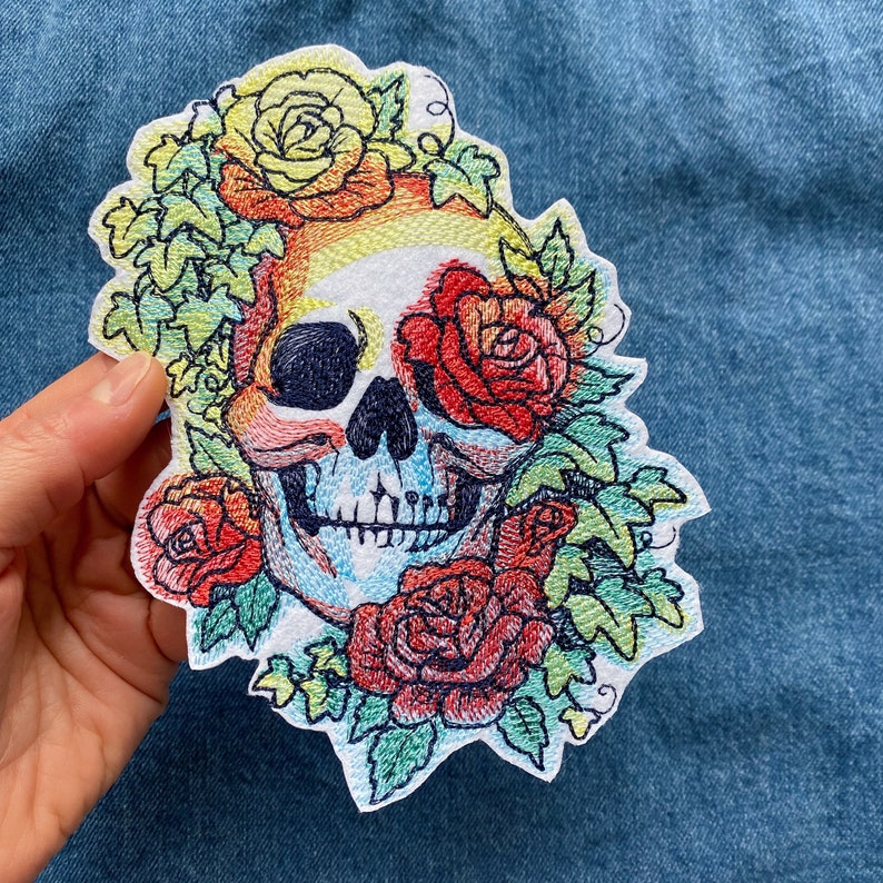 Embroidered roses and rainbows skull patch, Skull with plants iron on badge, Embroidered flowers applique, image 5