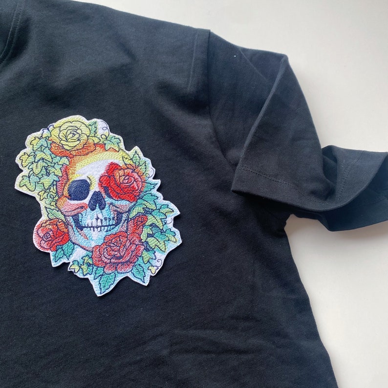 Embroidered roses and rainbows skull patch, Skull with plants iron on badge, Embroidered flowers applique, image 7