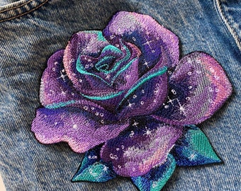 Night sky rose iron on patch, Fancy flower jacket badge, Galaxy flower applique, Magic bloom patch, Embroidered rose decoration