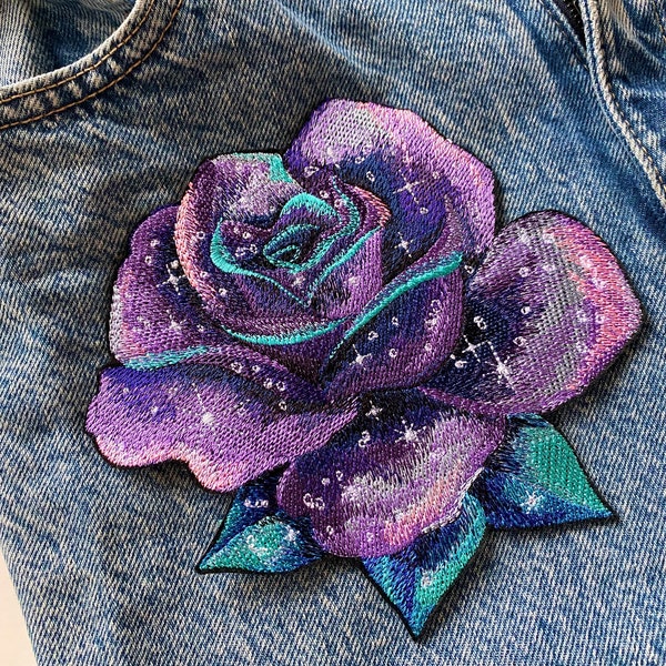 Night sky rose iron on patch, Fancy flower jacket badge, Galaxy flower applique, Magic bloom patch, Embroidered rose decoration