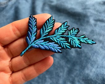 Embroidered iron on fern leaf patch, Flower applique, Clothing embellishment