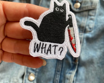 Killer black cat patch, Feline lover gift applique, Halloween decor, Pet kitten with knife iron on patch