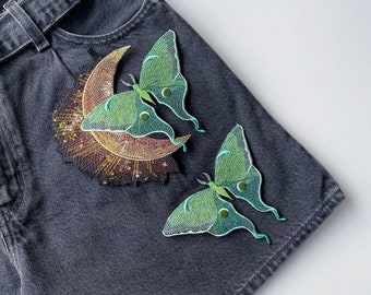 Luna moth butterfly patch, Moonlit moth iron on, Large jacket pin, Embroidered adhesive applique, Nature animal patch, Insect badge