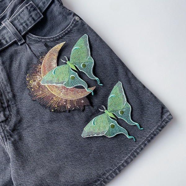 Luna moth butterfly patch, Moonlit moth iron on, Large jacket pin, Embroidered adhesive applique, Nature animal patch, Insect badge