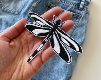 Dragonfly iron on patch, Monochrome patch for jacket, Large back patch, Minimal cool patch, Black and white applique