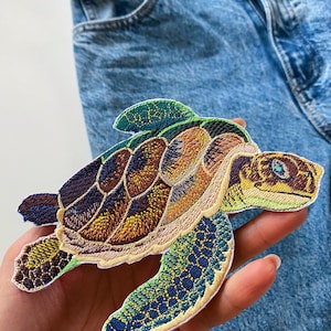 Sea turtle patch iron on, Tortoise sew on applique, Ocean creature embroidered badge, Sea life patches, Sea turtle decal