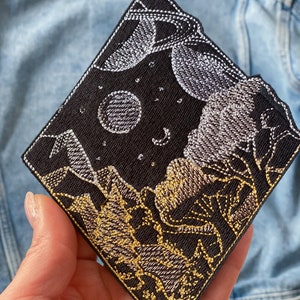 Starry night sky iron on patch, Geometric patch, From earth to space badge, Nature scene badge, Night in woods patch, Space planets badge
