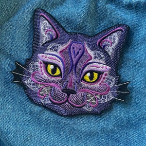 Fer à repasser de patch de chat violet, applique drôle d’Halloween pour jeans, vestes, sacs à dos, chaton effet Glitch cousu sur badge, cadeau Spooky Salem