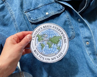 Wanderlust adventure patch, Iron on embroidered patch, Explore the world sew on patch with globetrotter map applique, Jacket back patch