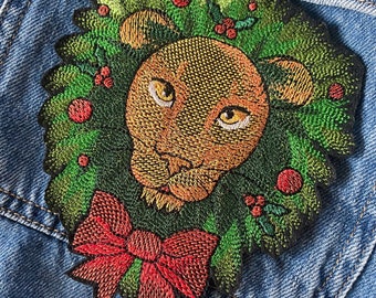 Christmas lion king patch, Jungle animal sew on patch, Predator sew on patch for jacket, Floral applique, Jungle badge