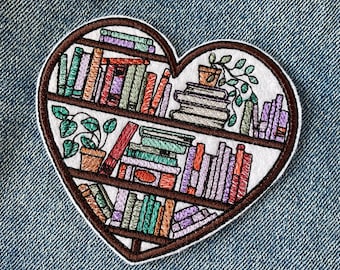 Floral Book Iron On Patch: Heart Bookshelf Applique