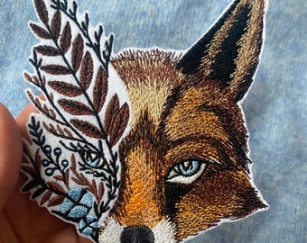 Autumnal fox with flowers iron on patch. Embroidered  dreamy woodland sew on patch, boho patch