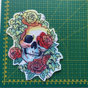 Embroidered roses and rainbows skull patch, Skull with plants iron on badge, Embroidered flowers applique, image 9