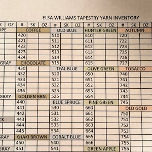 Inventory Sheet for Elsa Williams Tapestry Yarn