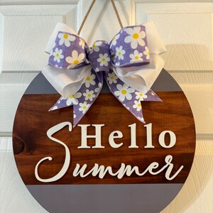 Door Hanger, Front Door Decor, Welcome Sign, Front Door Wreath. Walnut/Lavender in color with Hello Summer saying and decorative bow.