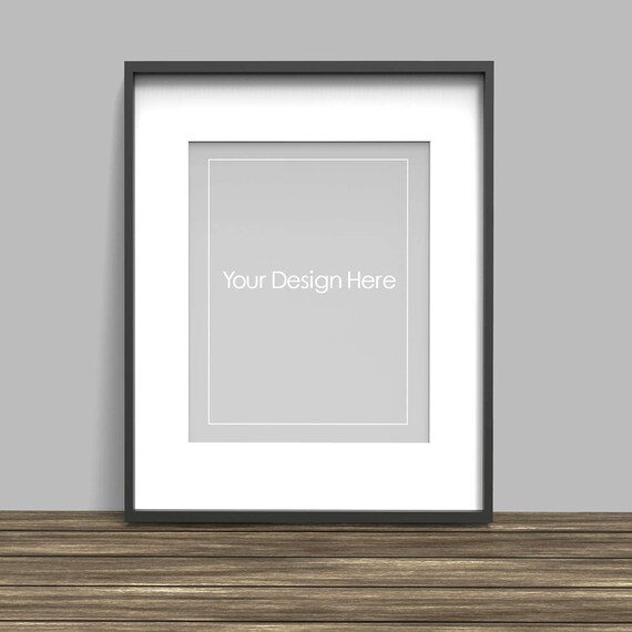 Dark Frame With Matte On Grey Wall Wood Table Etsy