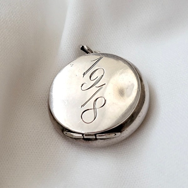 Antique Sterling Chatelaine Locket engraved with the Year “ 1918 “ and Initial “ K L H “ in the back - Sterling Pill Box - Snuff Box