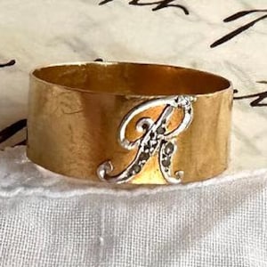 R Initial Ring. Antique French 18k yellow gold diamonds cigar band cursive monogram 1800s
