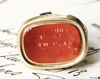 Music Score Fob Seal, “Good Night, All’s Well”. Antique military navy song carnelian RARE OOAK 14k yellow gold 1850s wax intaglio matrix