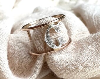 Antique G Ring in Rose Gold. Rose cut diamonds Edwardian refashioned initial statement ring 18k 10k jewelry