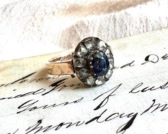 Antique Sapphire Diamond Ring with Rose-Cut Halo, 1887 French 18k