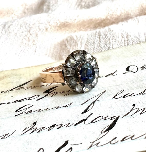 Antique Sapphire Diamond Ring with Rose-Cut Halo, 1887 French 18k