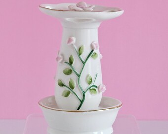 Vintage Porcelain Toothbrush Stand With Raised Pink Roses/Vintage Bathroom Accessories