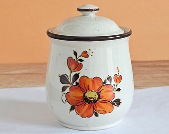 Vintage Valencia Stoneware Sugar Bowl With Lid/Vintage Sugar Bowl With Large Orange Flower