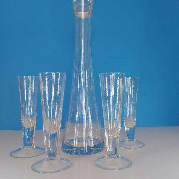 Decantador y vasos de licor Noritake Starburst/Decantador con tapa de vidrio transparente vintage y juego de vidrio/Decantador y vasos Starburst vintage