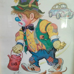 Vintage K Chin Hobo Art/1970&#39;s Clown Hobo Series Wall Art/Ran Out Of Gas Framed Print