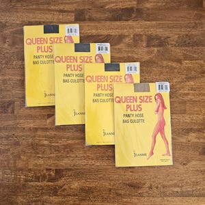 May include: Four rectangular packages of Queen Size Plus pantyhose by Jeannie. Each yellow package features red text, a black top header, and a barcode. The packaging displays an illustration of a person wearing pantyhose and includes the text Bas Culotte.