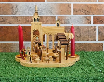 Vintage German Erzgebirge Inspired Handmade Nativity Scene With Candle Holders/Vintage Carved Wood Christmas Manger Scene