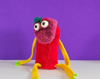 Vintage Diabolo Hand Puppet-Red And Purple Fuzzy Monster/Vintage Hand Made Puppets