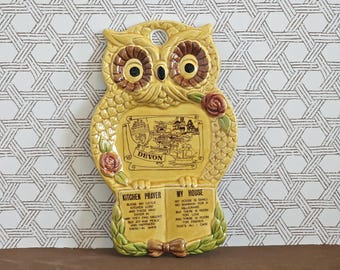 Vintage Ceramic Owl Kitchen Prayer/Vintage Kitchen Wall Hanging Decor/Vintage Devon England Owl Souvenir