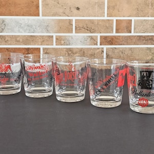 Vintage Whiskey Glasses, Set Of 5 Assorted Whiskey Brand Glasses/Vintage Whiskey Barware