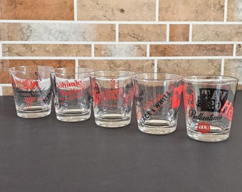 Vintage Whiskey Glasses, Set Of 5 Assorted Whiskey Brand Glasses Barware
